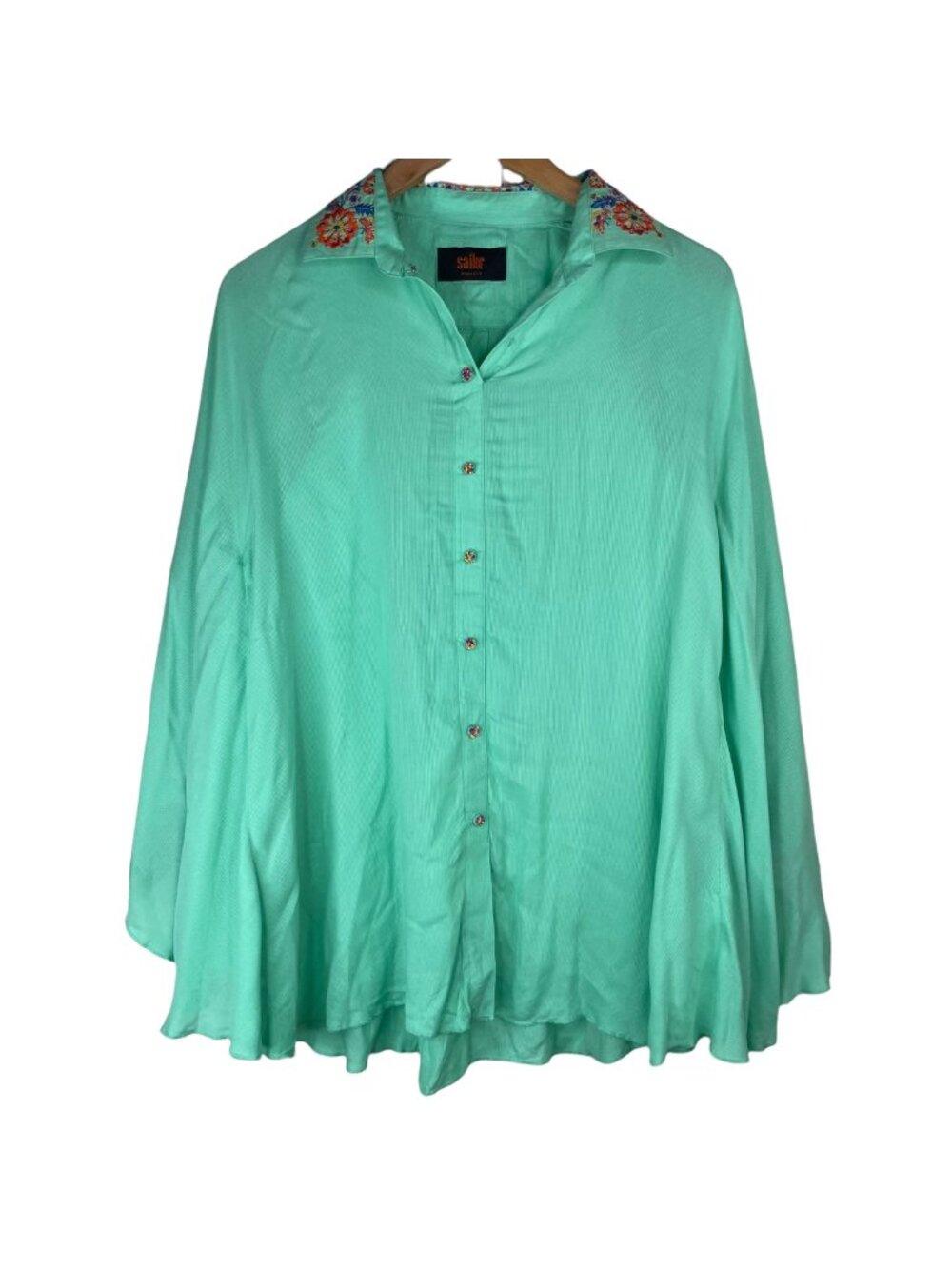Sailor Top Small Embroidered Boho Batwing Button Front Floral Rayon Oversized